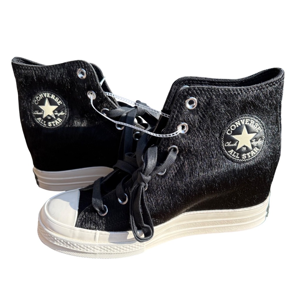 Converse Chuck 70 Wedge Womens 9 Black New Real Fur Pony Hair‎ A12561C Sneakers